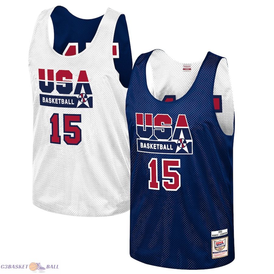 Men's USA Basketball Magic Johnson Mitchell & Ness Navy Training 1992 Dream Team Authentic Reversible Practice Jersey