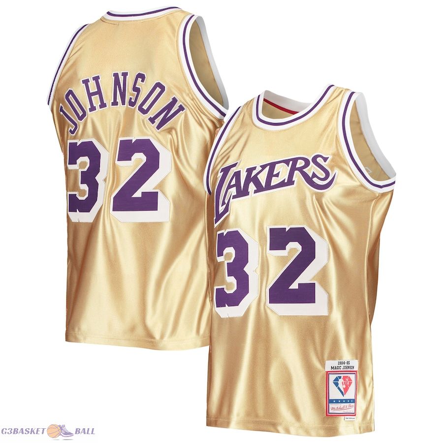 Men's Los Angeles Lakers Magic Johnson Gold Mitchell & Ness 75th Anniversary 1984/85 Hardwood Classics Swingman Jersey