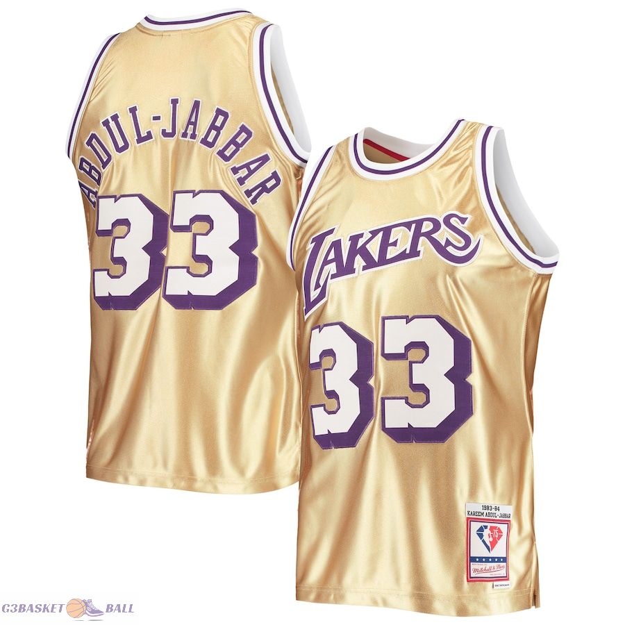 Men's Los Angeles Lakers Kareem Abdul-Jabbar Gold Mitchell & Ness 75th Anniversary 1983/84 Hardwood Classics Swingman Jersey