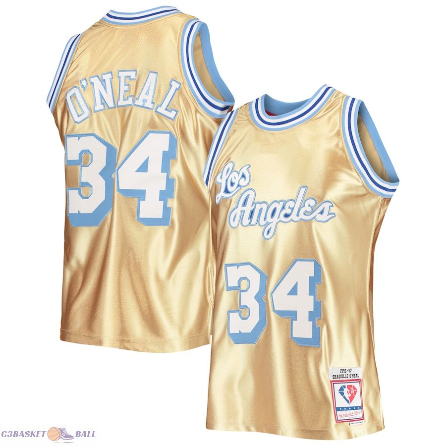 Men's Los Angeles Lakers Shaquille O'Neal Gold Mitchell & Ness 75th Anniversary 1996/97 Hardwood Classics Swingman Jersey