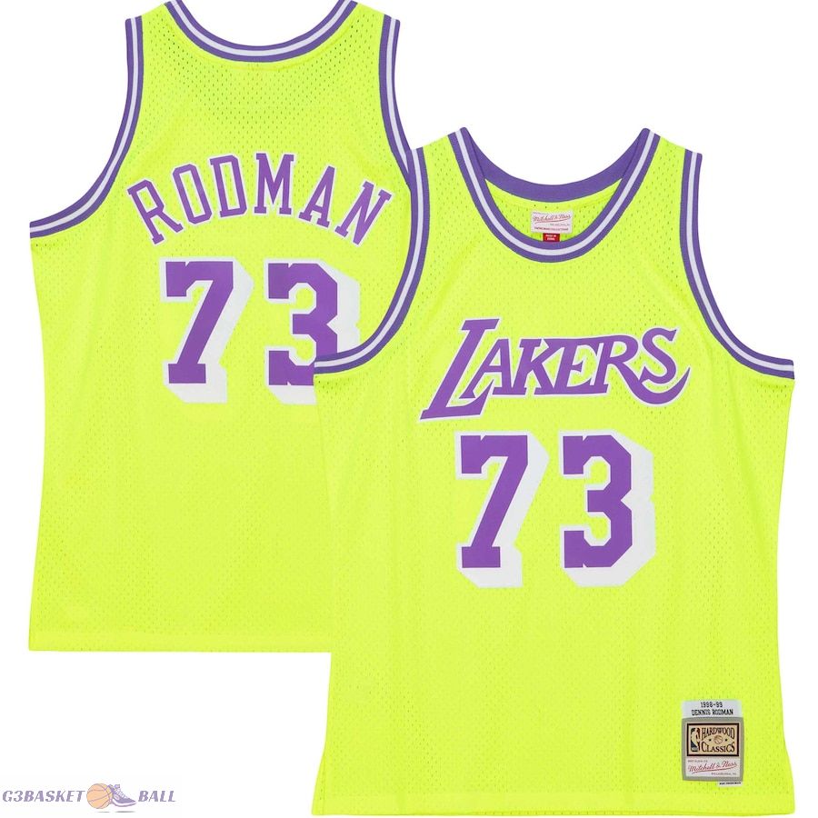 Men's Los Angeles Lakers Dennis Rodman Mitchell & Ness Neon Yellow Hardwood Classics 1998/99 Tropical Swingman Jersey