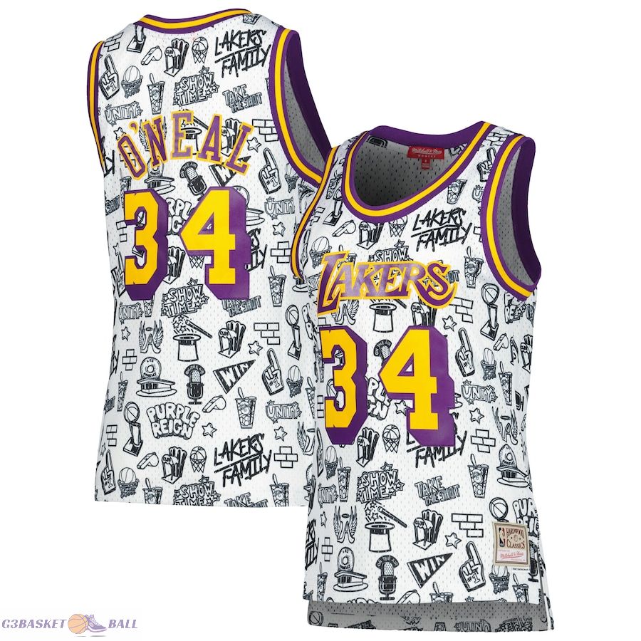 Women's Los Angeles Lakers Shaquille O'Neal Mitchell & Ness White 1996 Doodle Swingman Jersey