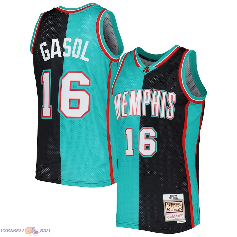 Men's Memphis Grizzlies Pau Gasol Mitchell & Ness Black/Turquoise Hardwood Classics 2001/02 Split Swingman Jersey