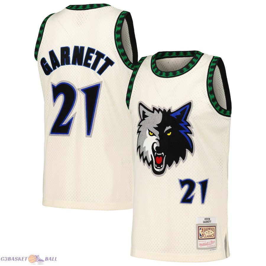 Men's Minnesota Timberwolves Kevin Garnett Mitchell & Ness Cream Chainstitch Swingman Jersey