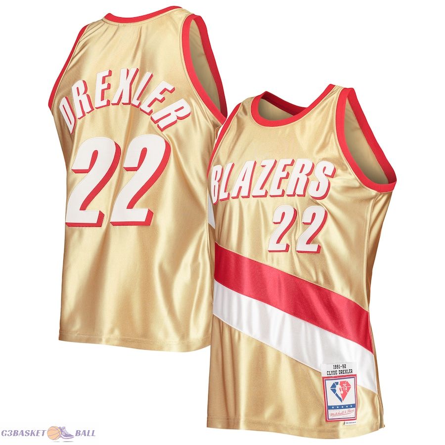 Men's Portland Trail Blazers Clyde Drexler Gold Mitchell & Ness 75th Anniversary 1991/92 Hardwood Classics Swingman Jersey