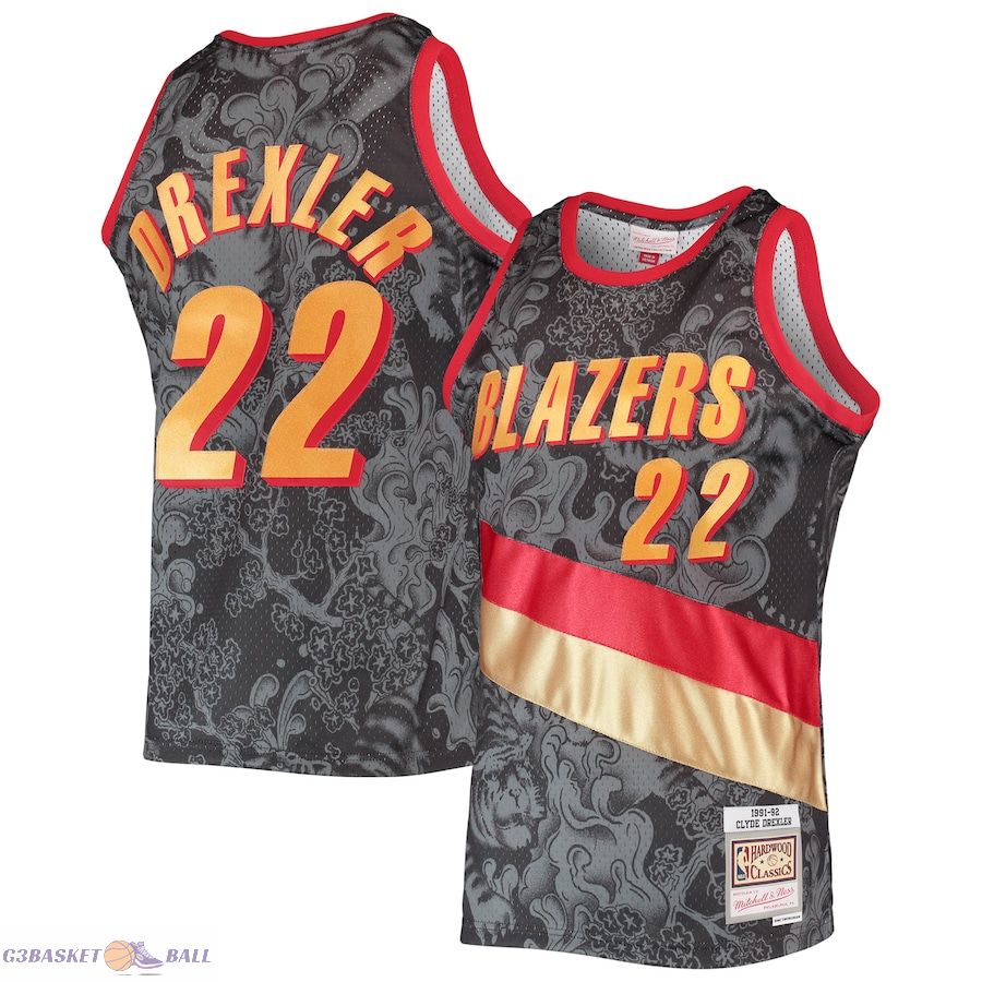 Men's Portland Trail Blazers Clyde Drexler Mitchell & Ness Black Hardwood Classics 1991/92 Lunar New Year Swingman Jersey