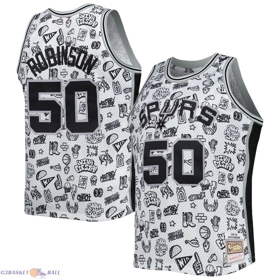 Men's San Antonio Spurs David Robinson Mitchell & Ness White 1998/99 Hardwood Classics Doodle Swingman Player Jersey