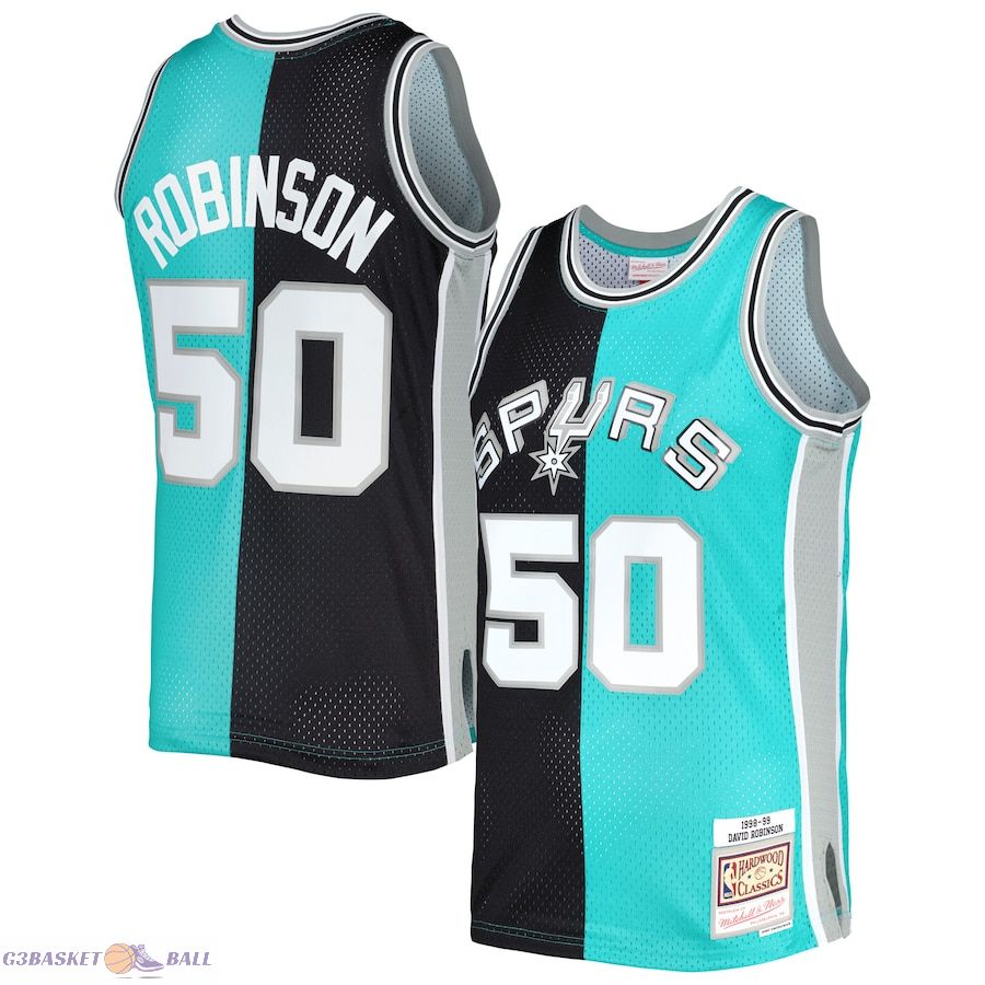 Men's San Antonio Spurs David Robinson Mitchell & Ness Black/Teal Hardwood Classics 1998/99 Split Swingman Jersey