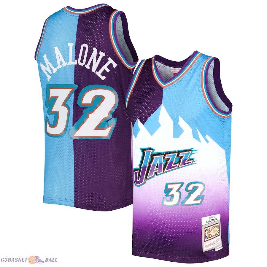 Men's Utah Jazz Karl Malone Mitchell & Ness Purple/Turquoise Hardwood Classics 1996/97 Split Swingman Jersey