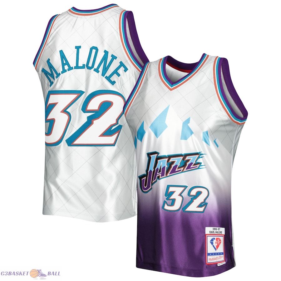 Men's Utah Jazz Karl Malone Mitchell & Ness Platinum 1996/97 Hardwood Classics 75th Anniversary Swingman Jersey