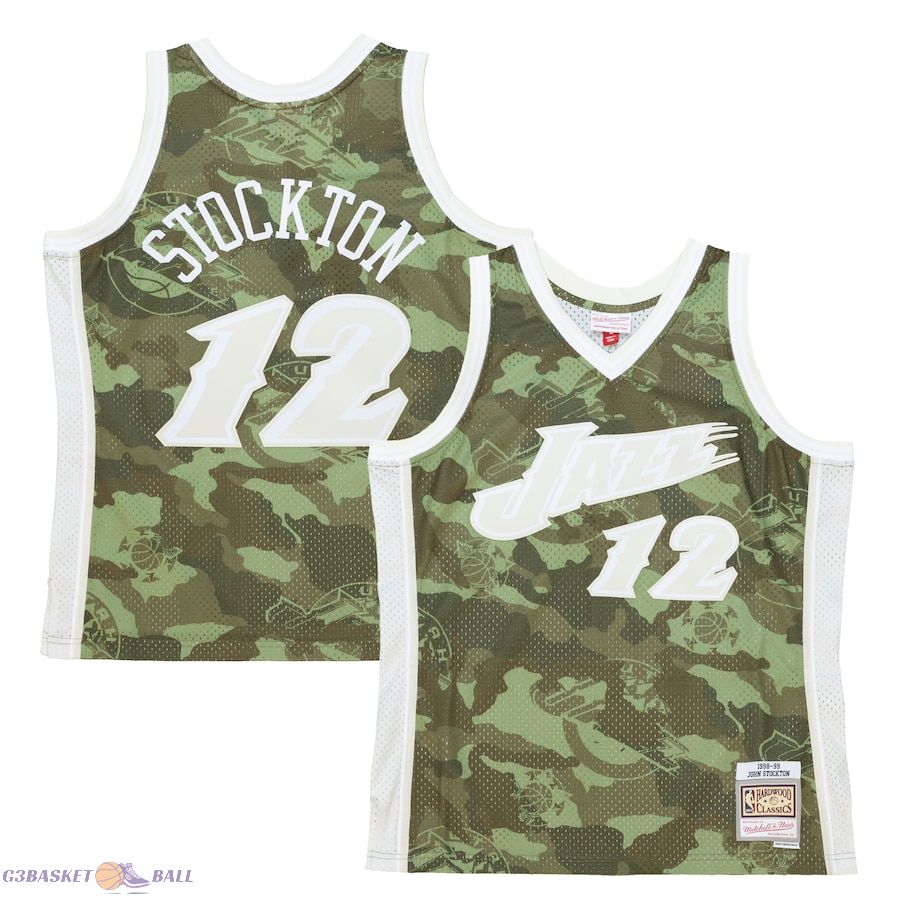 Men's Utah Jazz John Stockton Mitchell & Ness Camo Hardwood Classics 1998/99 Ghost Green Swingman Jersey