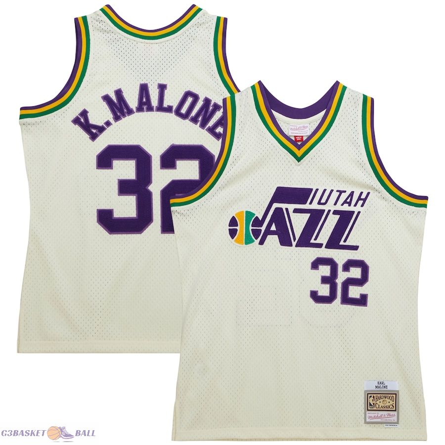 Men's Utah Jazz Karl Malone Mitchell & Ness Cream Chainstitch Swingman Jersey