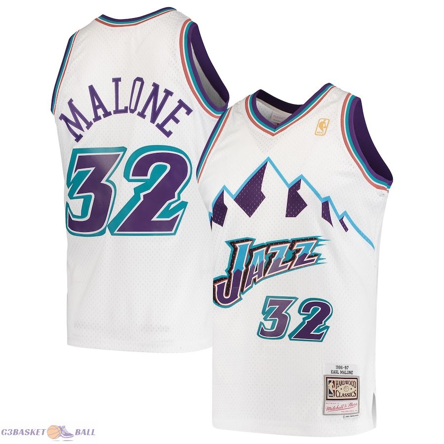 Men's Utah Jazz Karl Malone Mitchell & Ness White 1996/97 Hardwood Classics Swingman Jersey