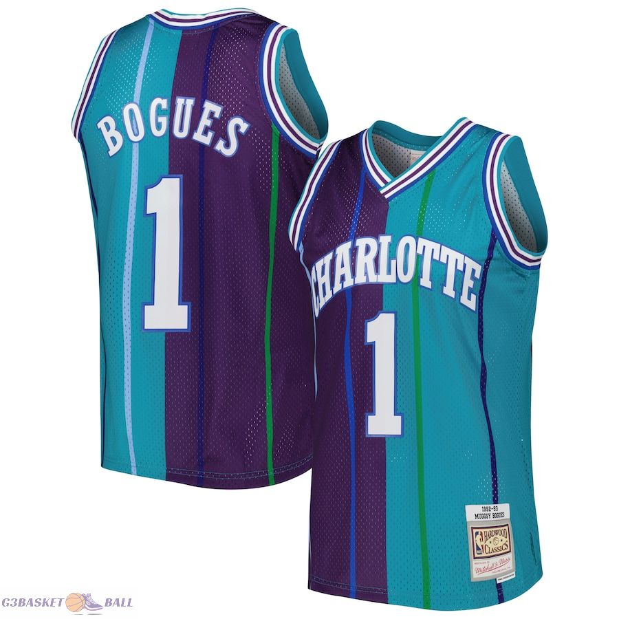 Men's Charlotte Hornets Muggsy Bogues Mitchell & Ness Teal/Purple Hardwood Classics 1992/93 Split Swingman Jersey