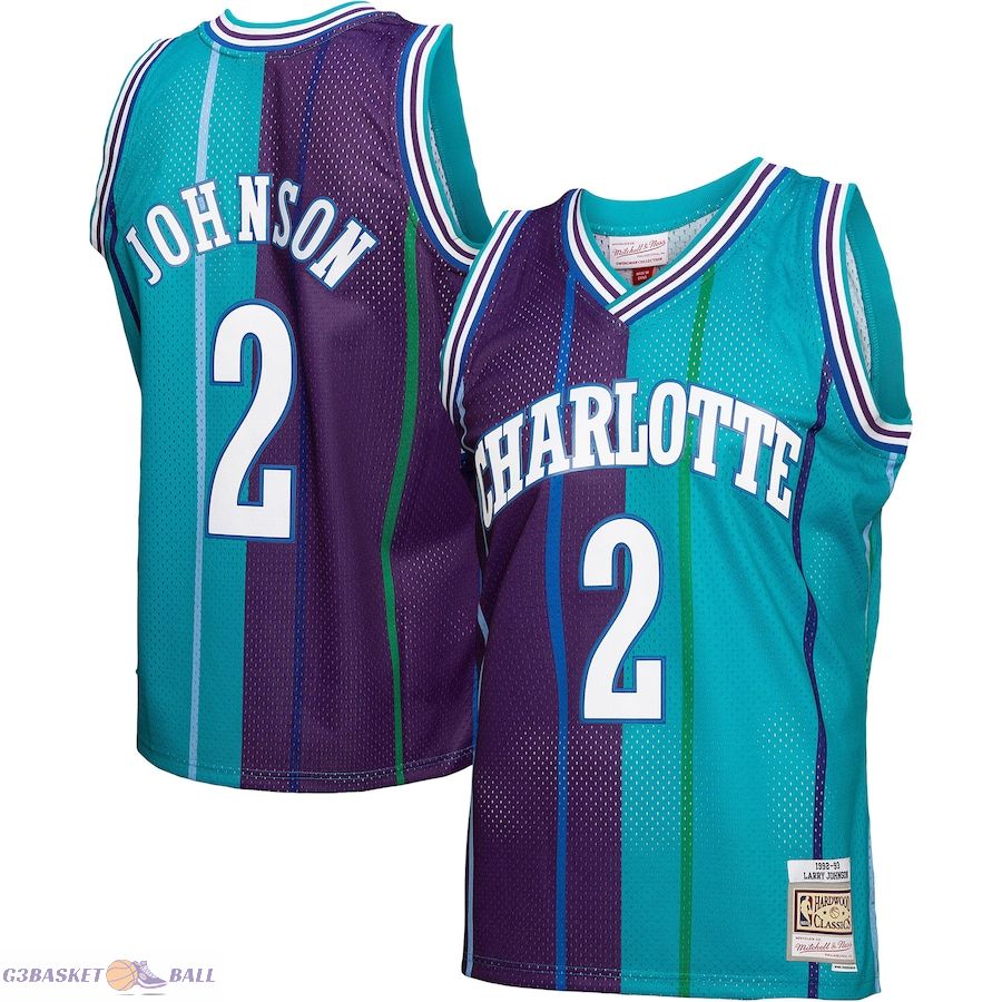 Men's Charlotte Hornets Larry Johnson Mitchell & Ness Teal/Purple Hardwood Classics 1992/93 Split Swingman Jersey