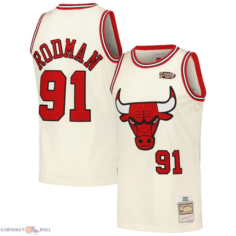 Men's Chicago Bulls Dennis Rodman Mitchell & Ness Cream Chainstitch Swingman Jersey