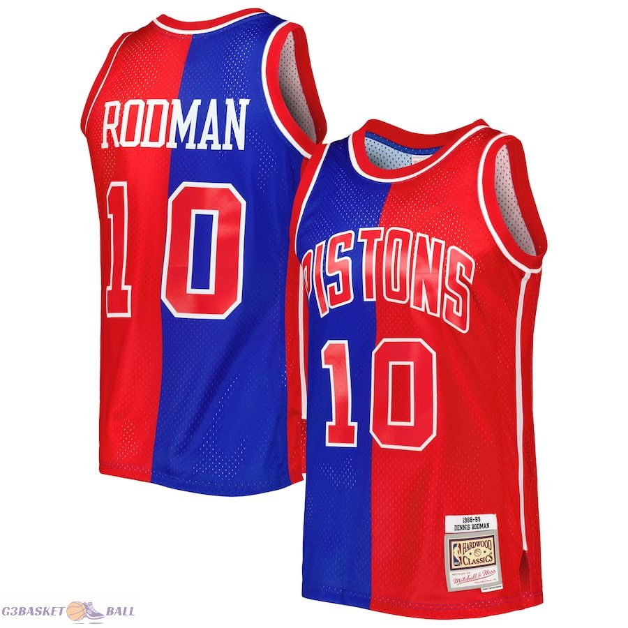 Men's Detroit Pistons Dennis Rodman Mitchell & Ness Blue/Red Hardwood Classics 1988/89 Split Swingman Jersey