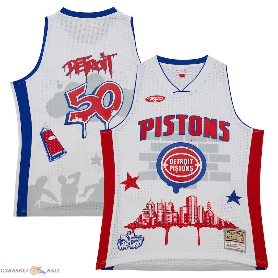 Men's Detroit Pistons Mitchell & Ness x Tats Cru White Hardwood Classics Fashion Jersey