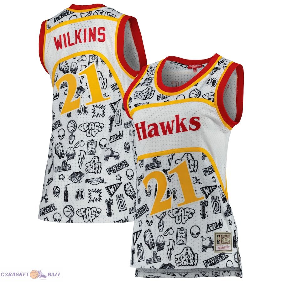 Women's Atlanta Hawks Dominique Wilkins Mitchell & Ness White 1986 Doodle Swingman Jersey