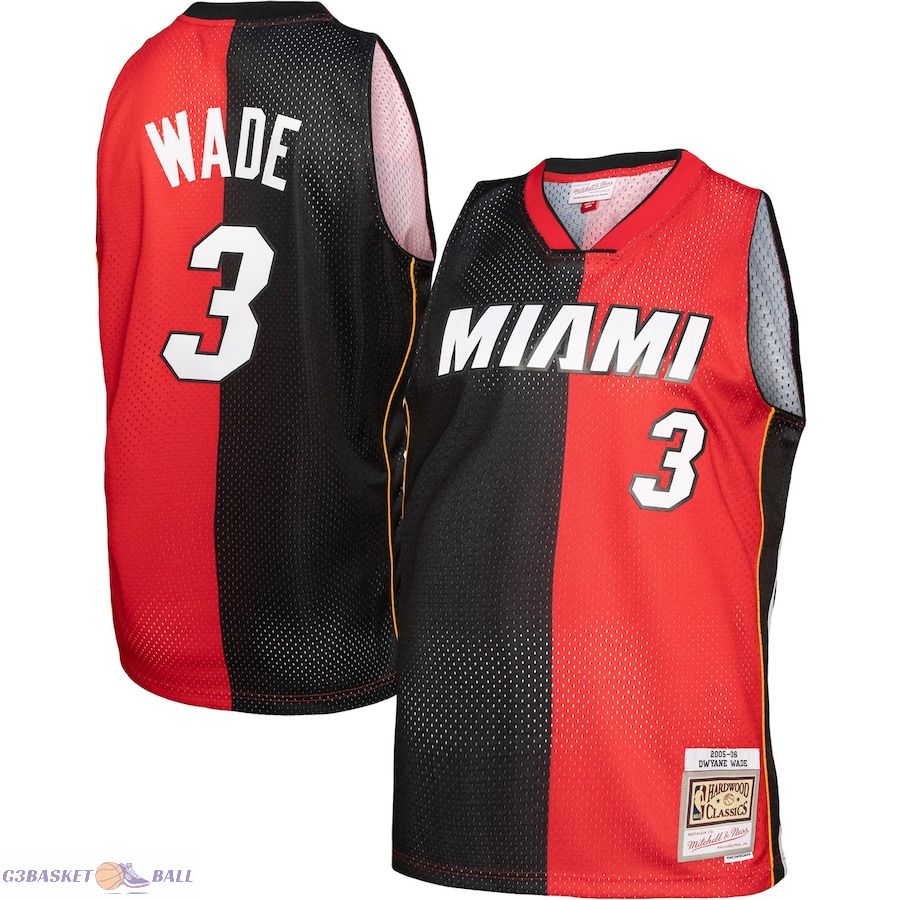 Men's Miami Heat Dwyane Wade Mitchell & Ness Black/Red Hardwood Classics 2005/06 Split Swingman Jersey