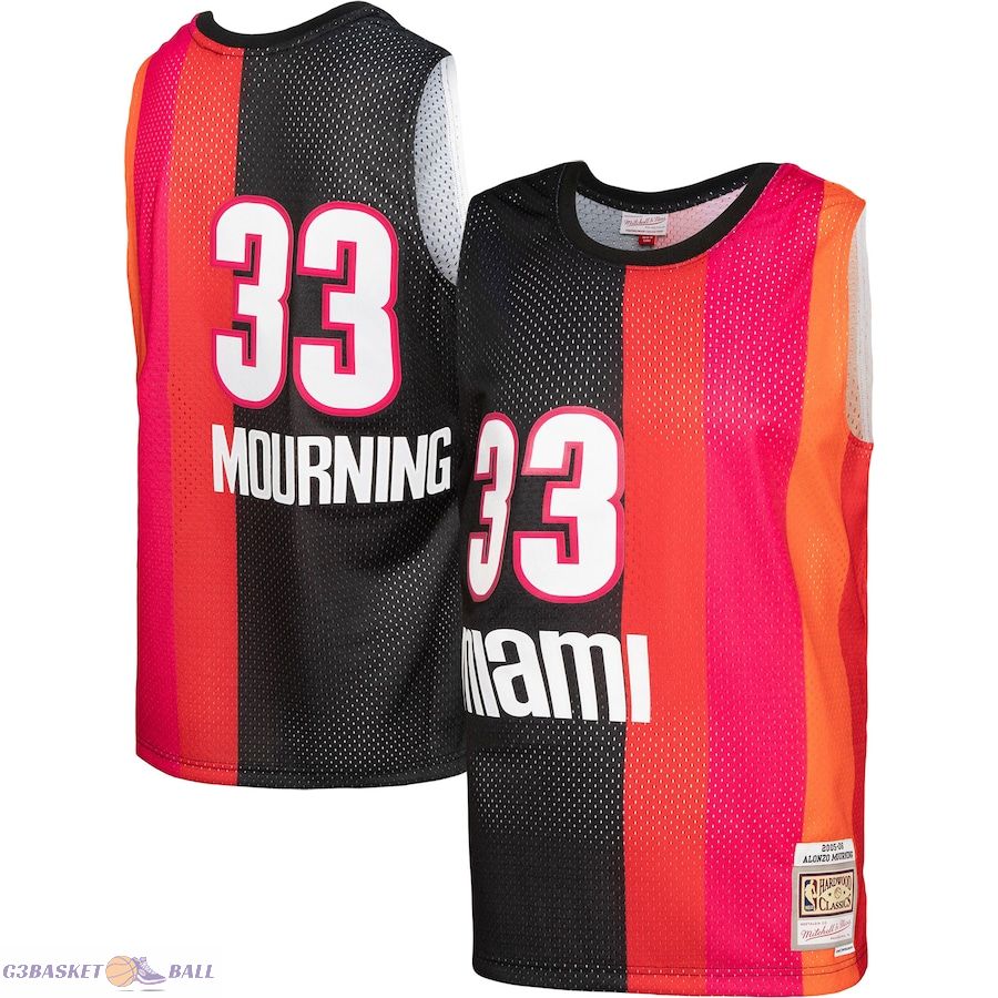 Men's Miami Heat Alonzo Mourning Mitchell & Ness Black/Red Hardwood Classics 2005/06 Split Swingman Jersey