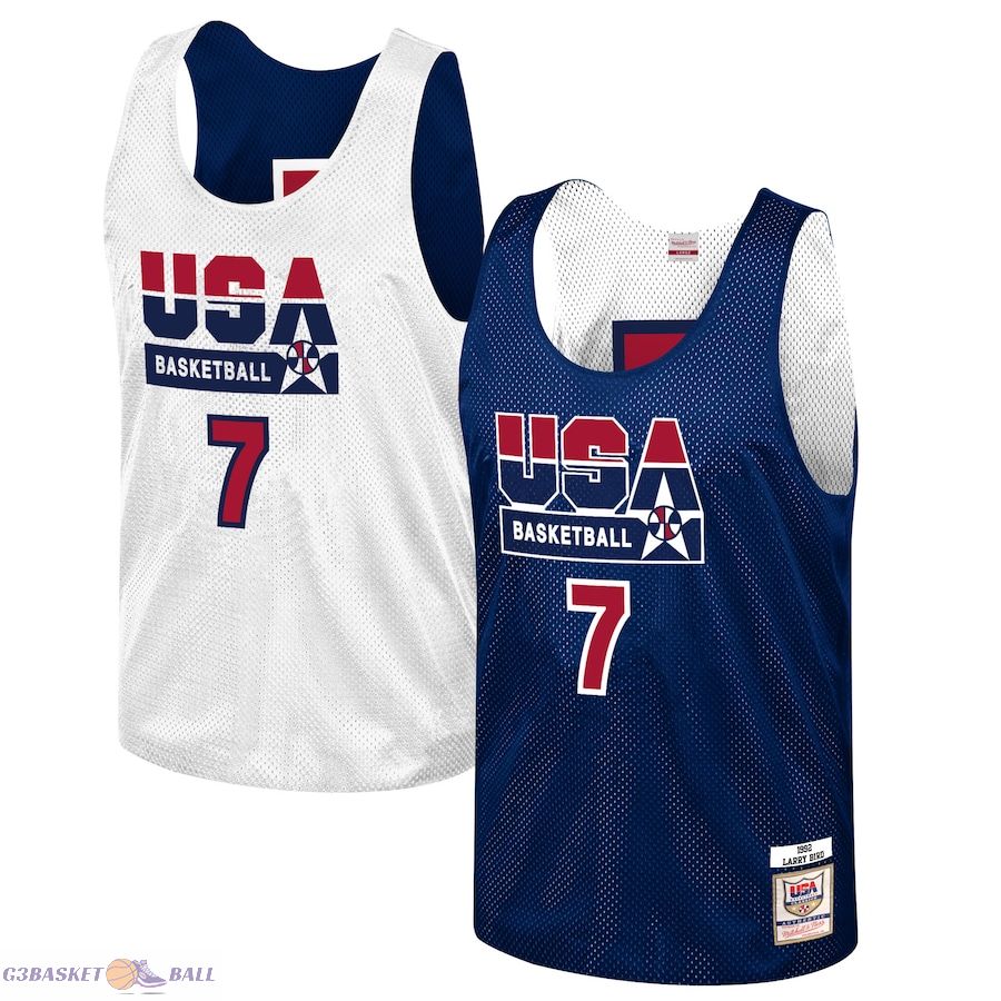 Men's USA Basketball Larry Bird Mitchell & Ness Navy Training 1992 Dream Team Authentic Reversible Practice Jersey