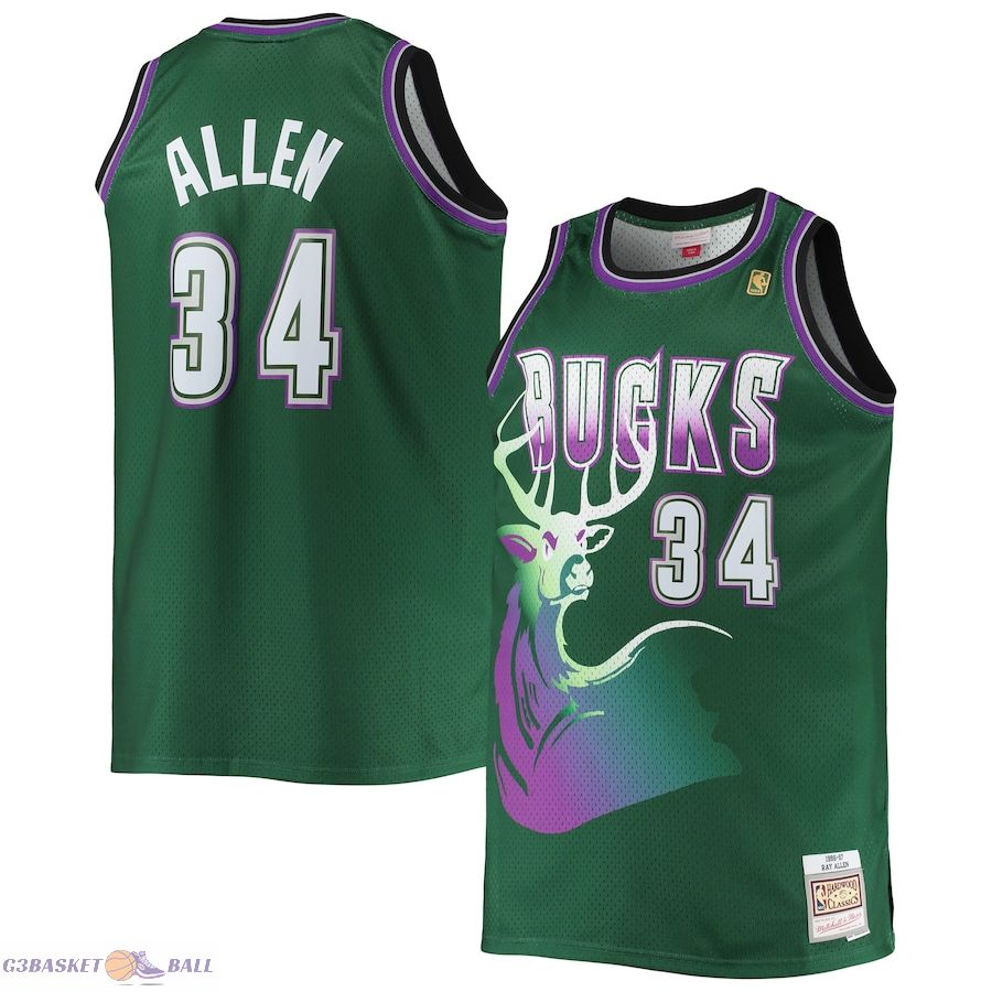 Men's Milwaukee Bucks Ray Allen Mitchell & Ness Hunter Green Big & Tall 1996/97 Hardwood Classics Swingman Jersey