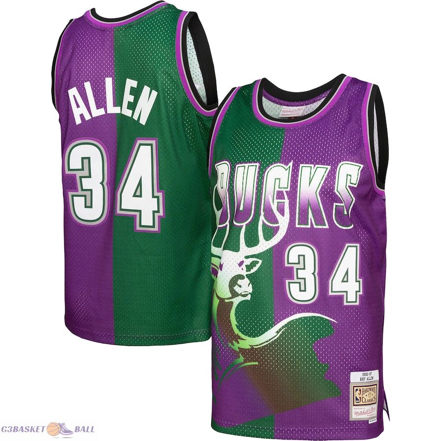 Men's Milwaukee Bucks Ray Allen Mitchell & Ness Green/Purple Hardwood Classics 1996/97 Split Swingman Jersey