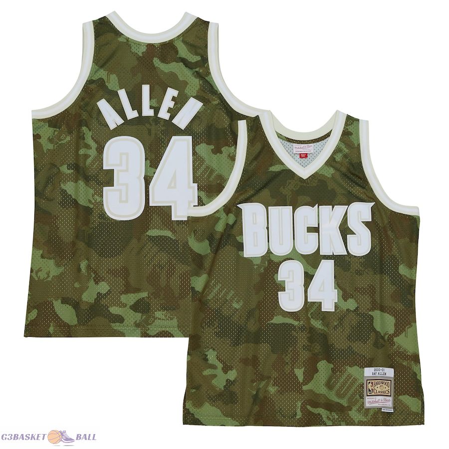 Men's Milwaukee Bucks Ray Allen Mitchell & Ness Camo Hardwood Classics 2000/01 Ghost Green Swingman Jersey