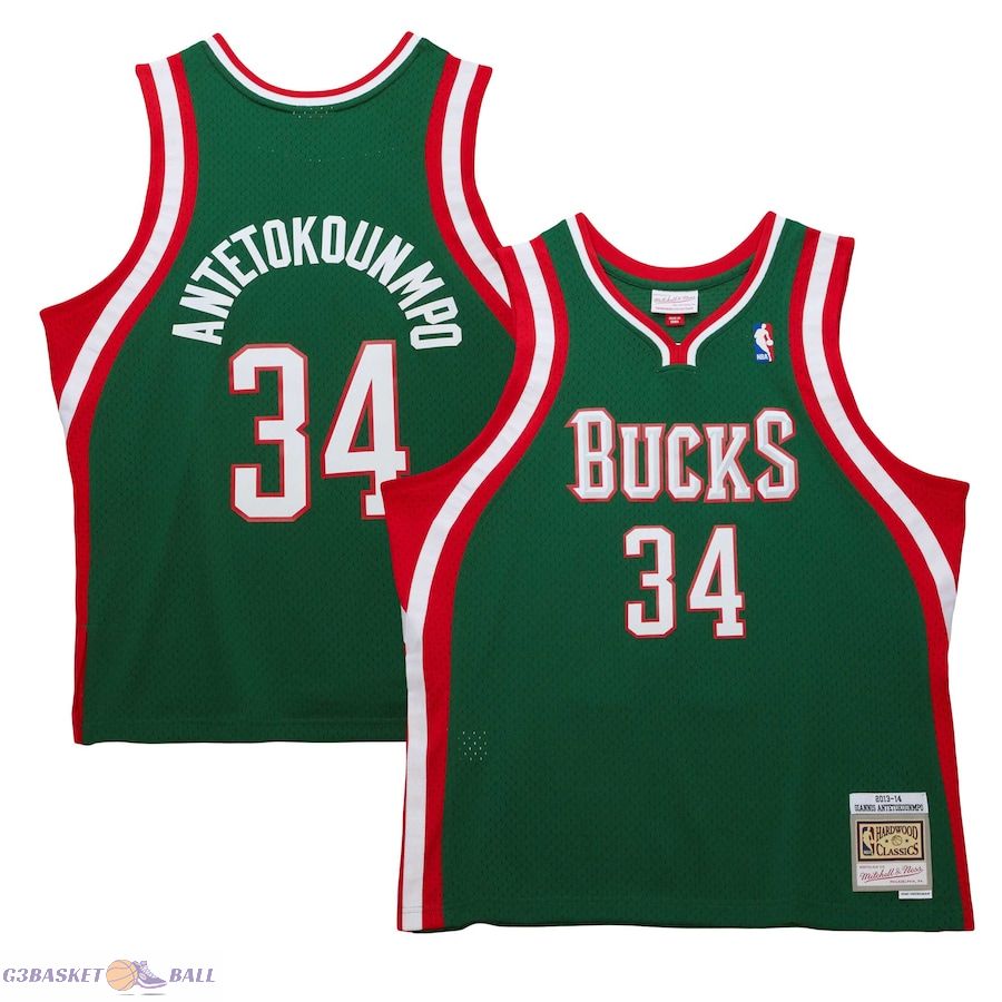 Men's Milwaukee Bucks Giannis Antetokounmpo Mitchell & Ness Hunter Green 2013/14 Hardwood Classics Swingman Jersey