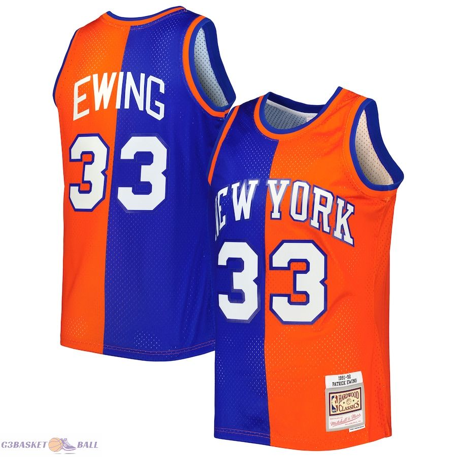 Men's New York Knicks Patrick Ewing Mitchell & Ness Blue/Orange Hardwood Classics 1991/92 Split Swingman Jersey