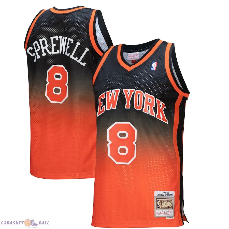 Men's New York Knicks Latrell Sprewell Mitchell & Ness Orange/Black 1998/99 Hardwood Classics Fadeaway Swingman Player Jersey