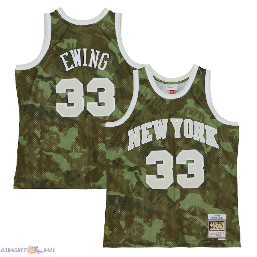 Men's New York Knicks Patrick Ewing Mitchell & Ness Camo Hardwood Classics 1991/92 Ghost Green Swingman Jersey