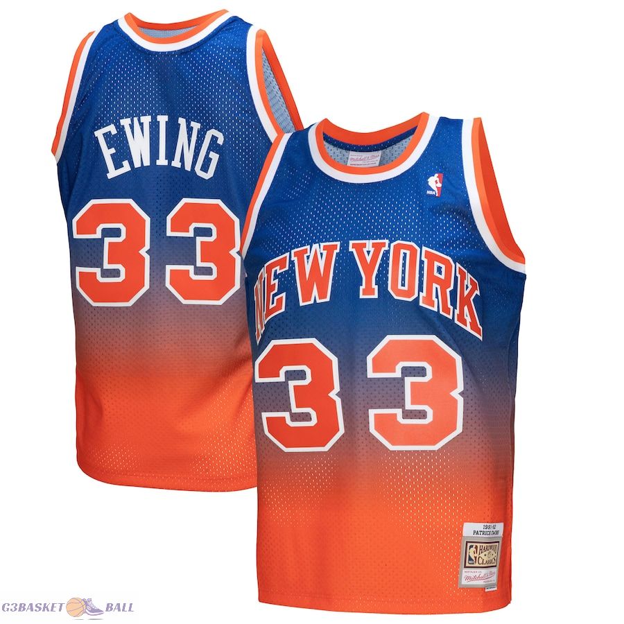 Men's New York Knicks Patrick Ewing Mitchell & Ness Orange/Royal 1991/92 Hardwood Classics Fadeaway Swingman Player Jersey