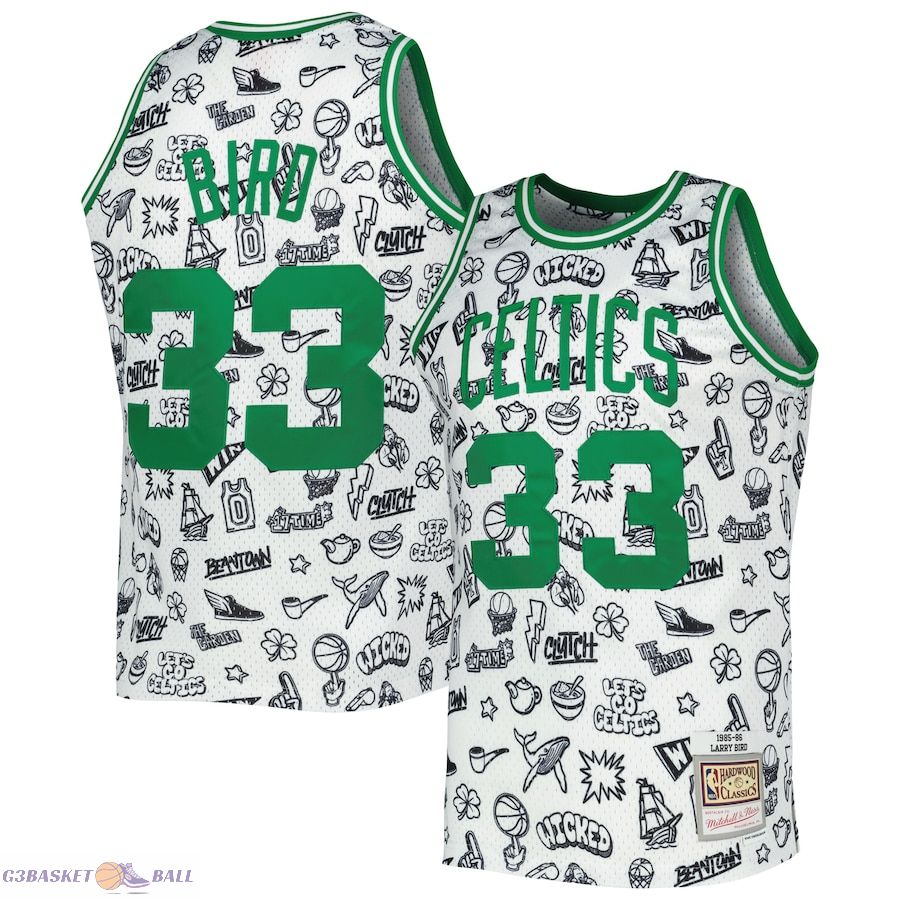 Men's Boston Celtics Larry Bird Mitchell & Ness White 1985/86 Hardwood Classics Doodle Swingman Jersey