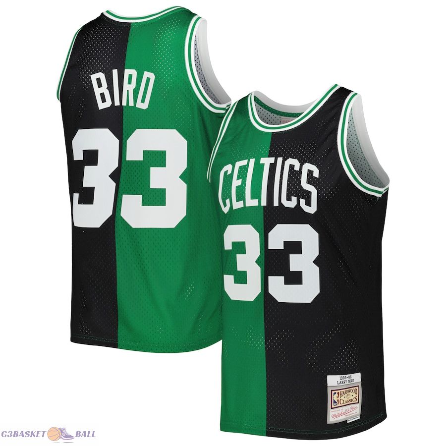 Men's Boston Celtics Larry Bird Mitchell & Ness Black/Kelly Green Hardwood Classics 1985/86 Split Swingman Jersey