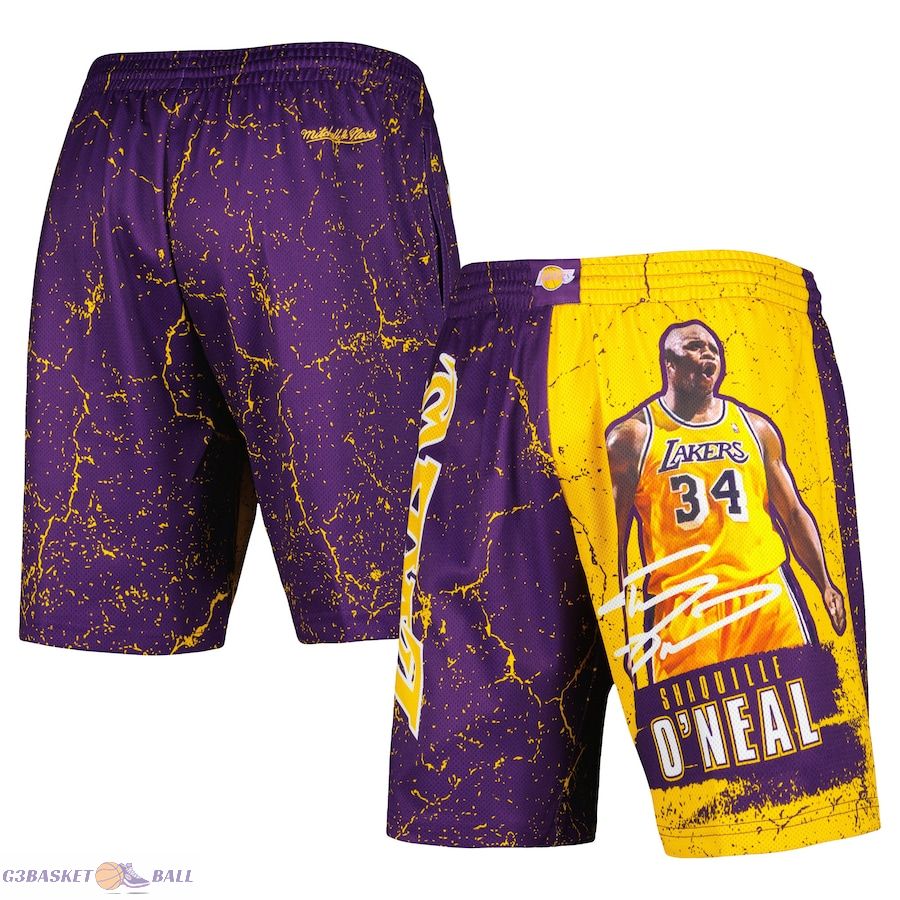 Men's Los Angeles Lakers Shaquille O'Neal Mitchell & Ness Purple Hardwood Classics Player Burst Shorts