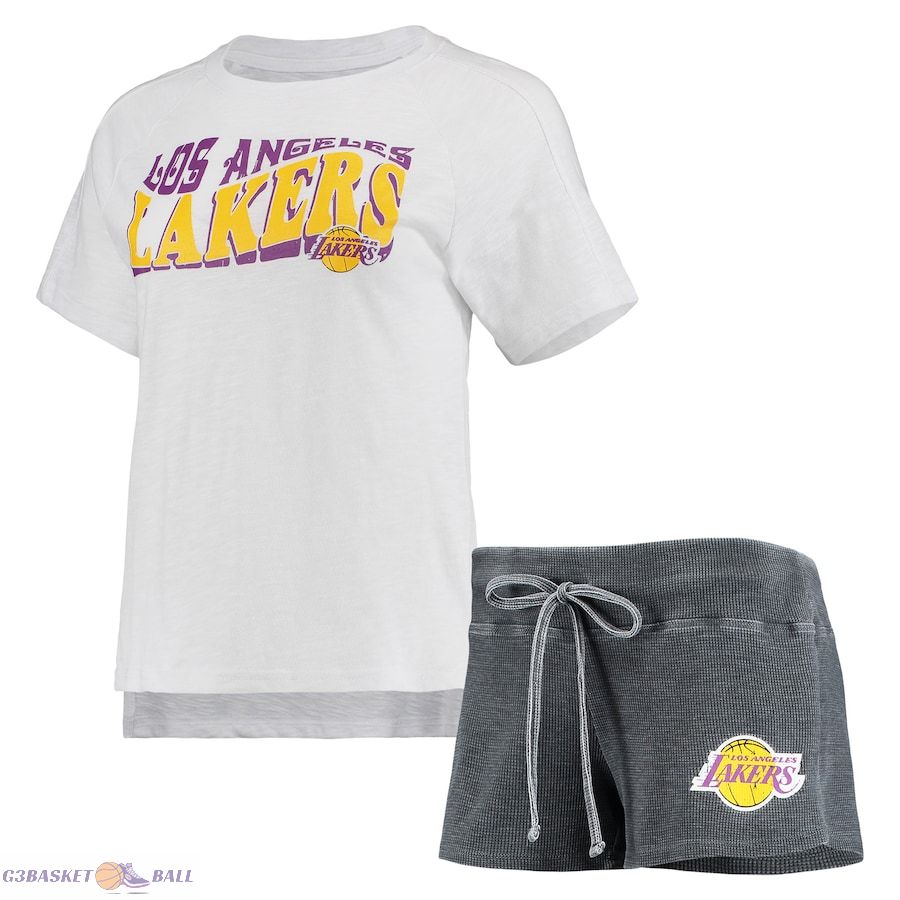 Women's Los Angeles Lakers Concepts Sport Charcoal/White Resurgence Slub Burnout Raglan T-Shirt & Shorts Sleep Set