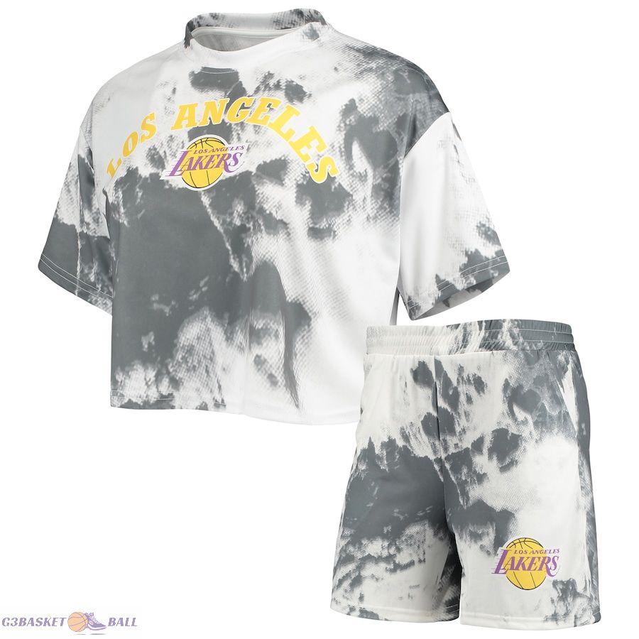 Women's Los Angeles Lakers White/Black Tie-Dye Crop Top & Shorts Set