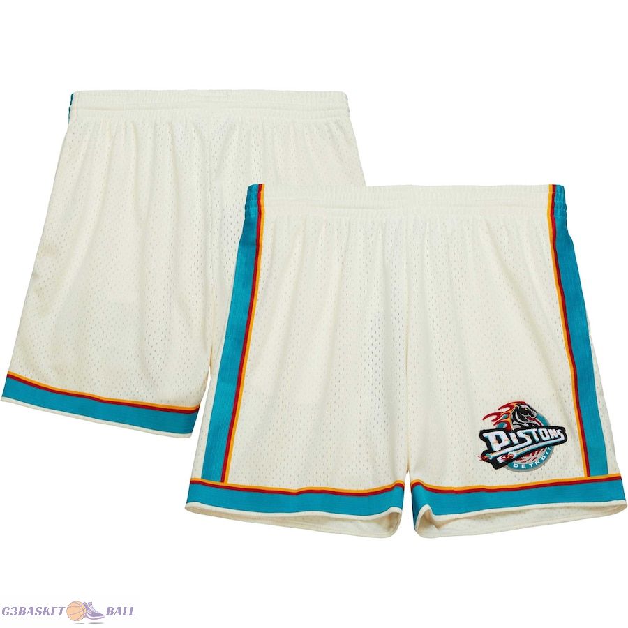 Men's Detroit Pistons Mitchell & Ness Cream Chainstitched Swingman Shorts