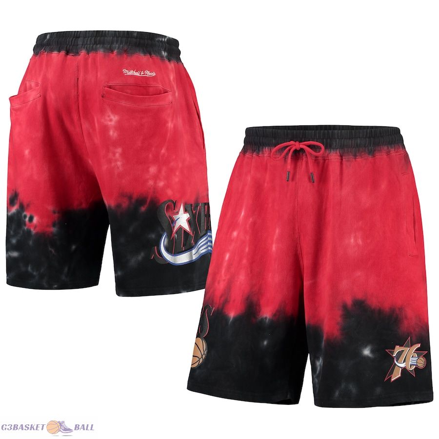 Men's Philadelphia 76ers Mitchell & Ness Black/Red Hardwood Classics Terry Tie-Dye Shorts