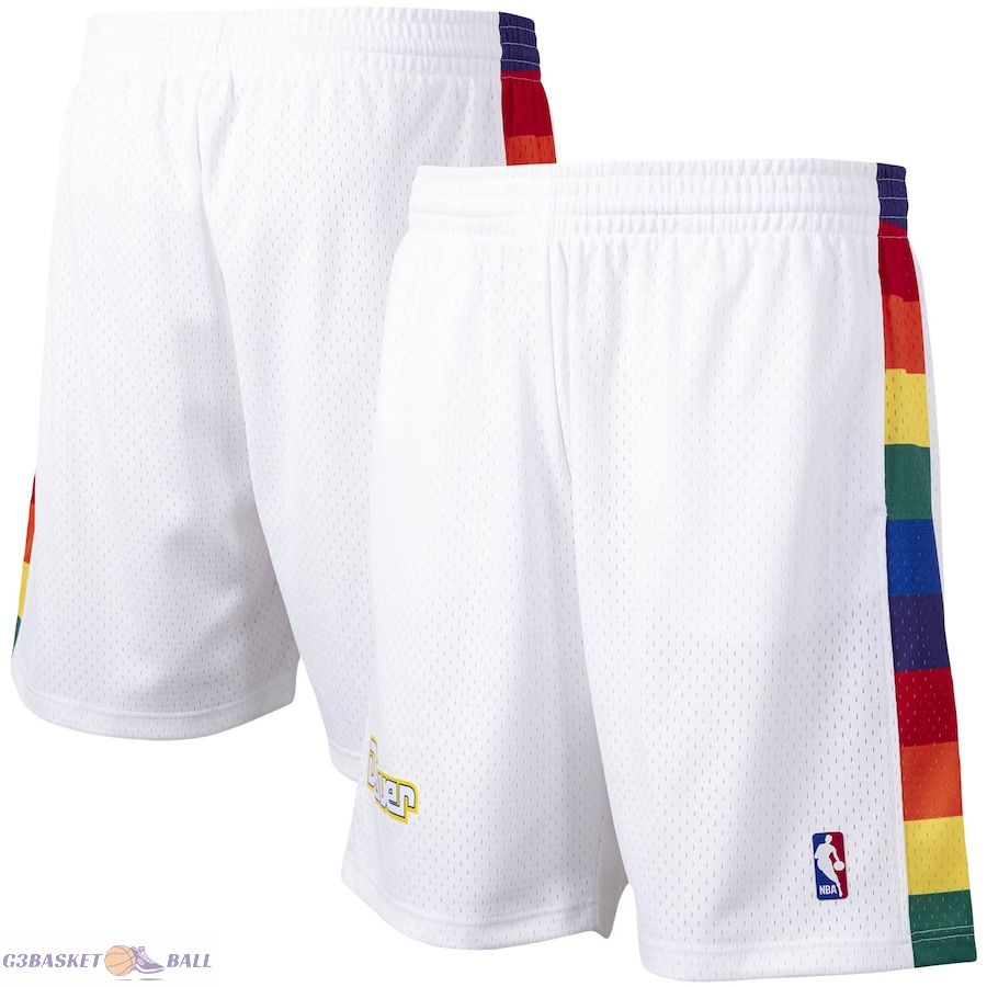 Men's Denver Nuggets Mitchell & Ness White Hardwood Classics Primary Logo Swingman Shorts