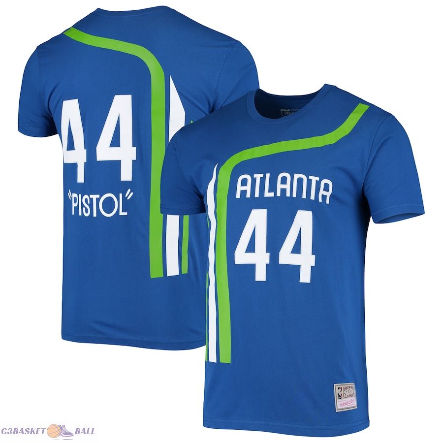 Men's Atlanta Hawks Pete Maravich Mitchell & Ness Blue Hardwood Classics Stitch Name & Number T-Shirt