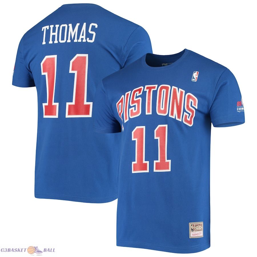 Men's Detroit Pistons Isiah Thomas Mitchell & Ness Blue Hardwood Classics Stitch Name & Number T-Shirt