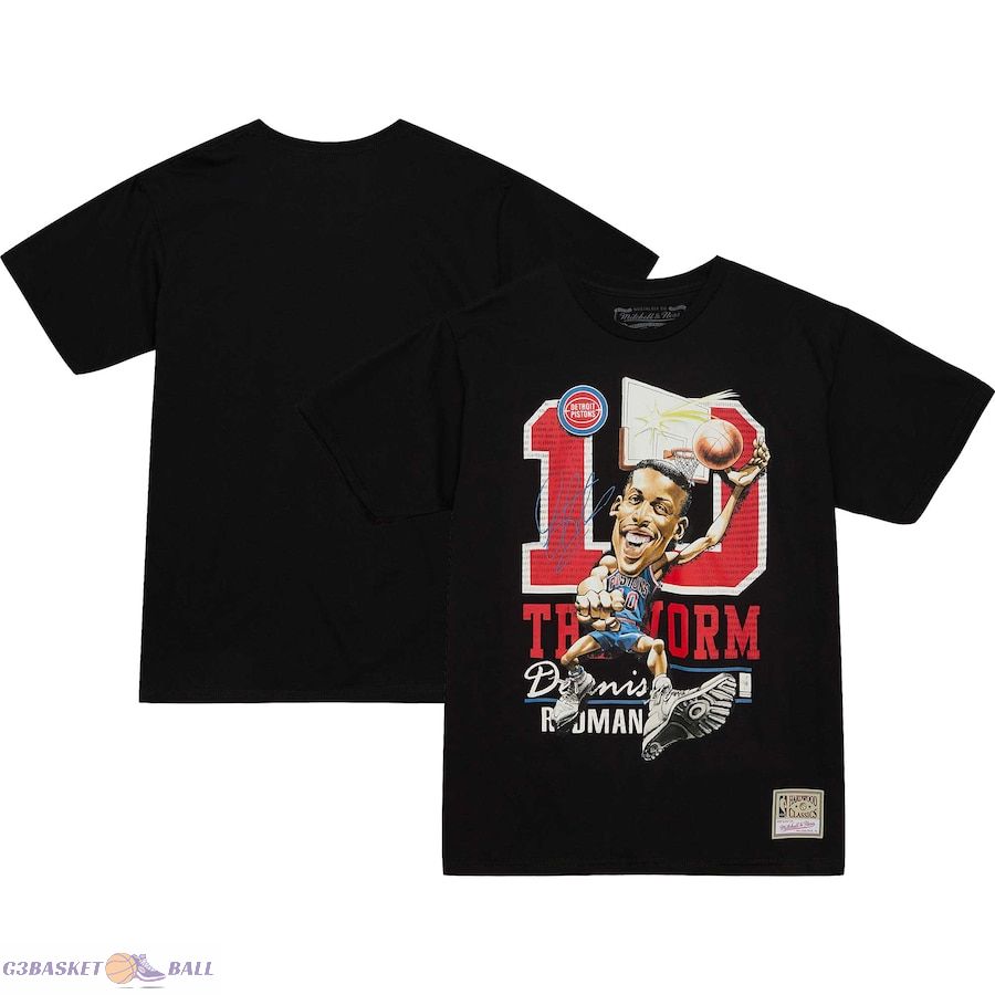 Men's Detroit Pistons Dennis Rodman Mitchell & Ness Black Hardwood Classics Caricature T-Shirt