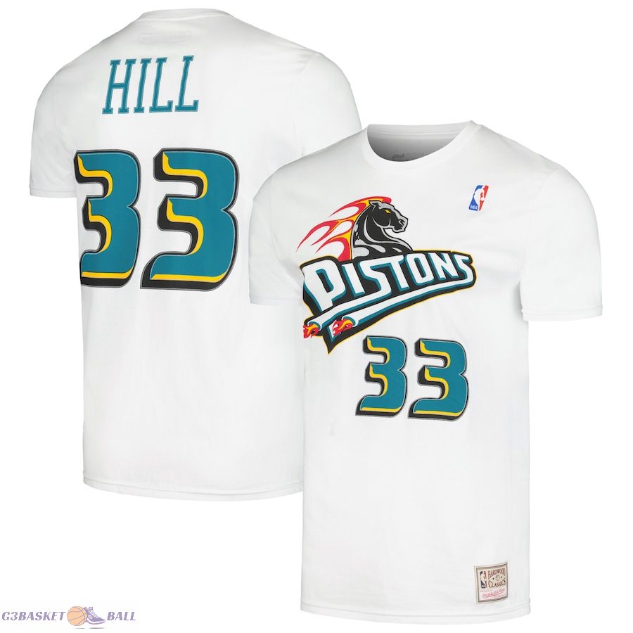 Men's Detroit Pistons Grant Hill Mitchell & Ness White Hardwood Classics Stitch Name & Number T-Shirt