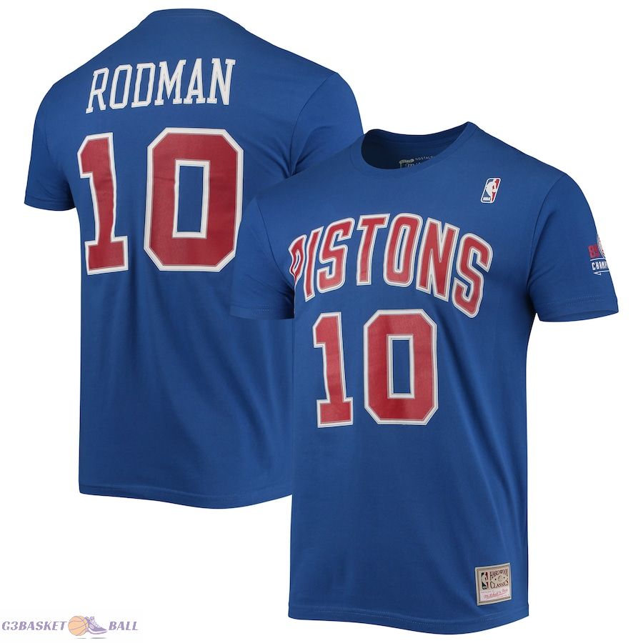 Men's Detroit Pistons Dennis Rodman Mitchell & Ness Blue Hardwood Classics Stitch Name & Number T-Shirt