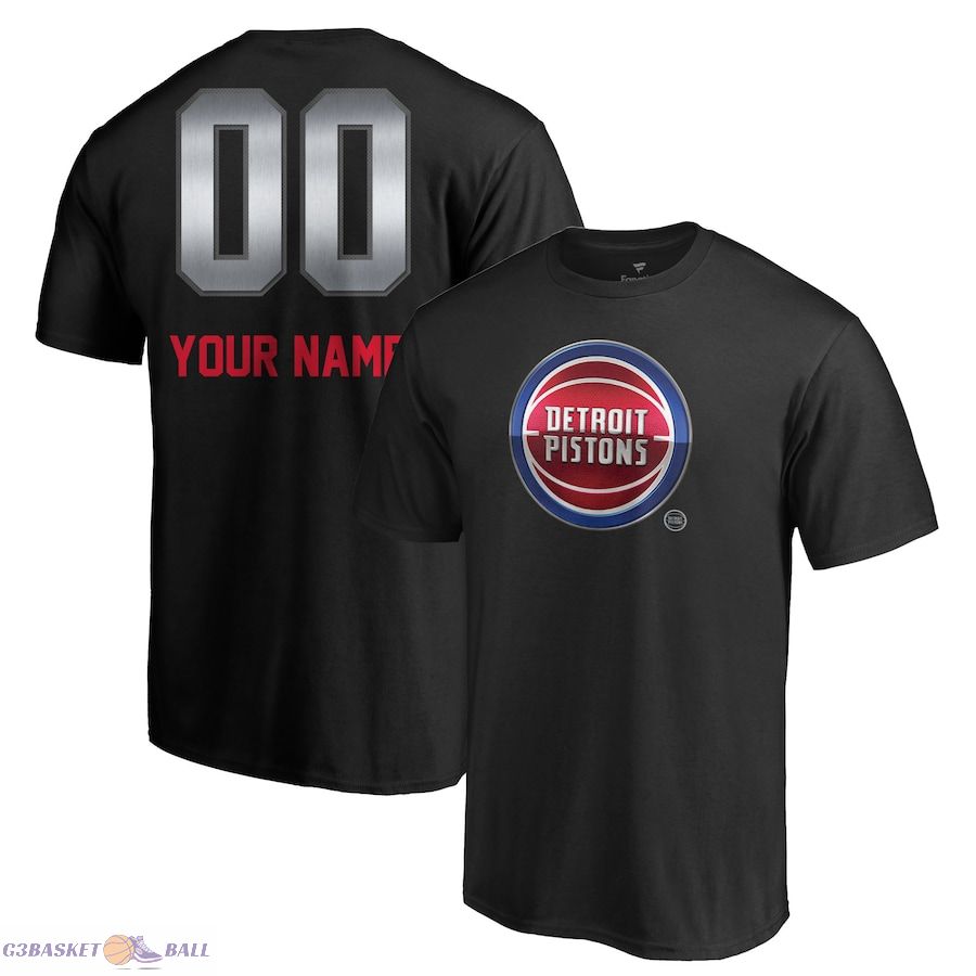 Men's Detroit Pistons Black Midnight Mascot Personalized Name & Number T-Shirt