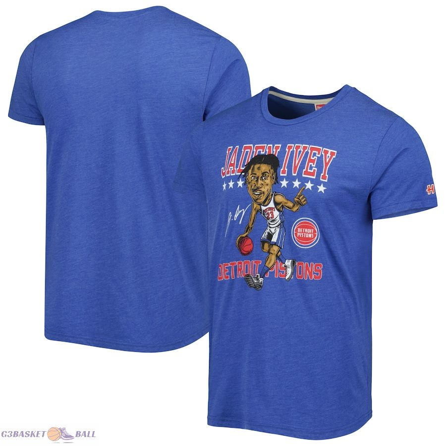 Men's Detroit Pistons Jaden Ivey Homage Blue Caricature Tri-Blend T-Shirt