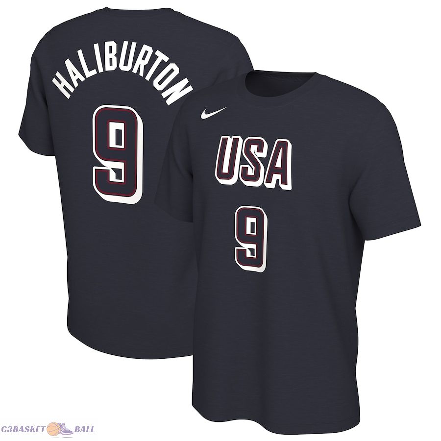 Men's USA Basketball Tyrese Haliburton Navy 2024 Summer Olympics Name & Number T-Shirt